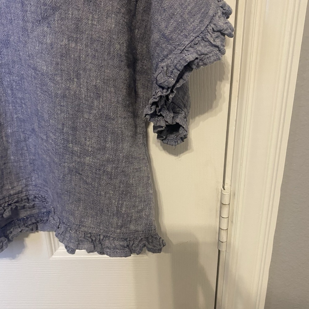 Cynthia Rowley Top Ruffles Cotton Linen Mid Sleeve Chambray Blue Women's Large - Picture 3 of 3